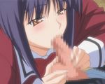  animated animated_gif blue_hair brown_eyes censored fellatio fujikura_yuu hetero oral penis princess_lover purple_hair school_uniform screencap solo_focus 