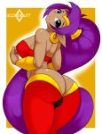  2019 big_butt blue_eyes border breasts brown_skin butt clothed clothing digital_media_(artwork) ear_piercing ear_ring eyelashes female genie hair hi_res humanoid humanoid_pointy_ears kloudmutt long_hair looking_at_viewer mammal not_furry piercing ponytail purple_hair shantae shantae_(series) side_boob signature simple_background smile solo video_games wayforward white_border 