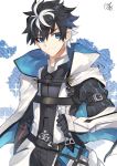  1boy armor black_gloves black_hair blue_eyes blue_flower cape charlemagne_(fate) closed_mouth commentary_request eyebrows_visible_through_hair fate/extella fate/extella_link fate/extra fate_(series) floral_background flower gloves hair_between_eyes highres holding holding_sword holding_weapon joyeuse_odre looking_at_viewer male_focus multicolored_hair nikame puff_and_slash_sleeves puffy_sleeves sheath sheathed short_hair signature smile solo spiked_hair sword two-tone_hair weapon white_cape white_hair 