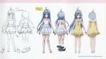  1girl absurdres ahoge barefoot blue_eyes blue_hair character_sheet denpa_onna_to_seishun_otoko dress full_body highres long_hair multiple_views official_art short_dress simple_background sketch sleeveless sleeveless_dress smile solo sugiyama_nobuhiro sundress touwa_erio turnaround white_background white_dress wind wind_lift yellow_dress 