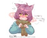  2018 ambiguous_gender angry animal_humanoid blush cat_humanoid clothing dialogue felid felid_humanoid feline feline_humanoid flustered green_eyes hair hi_res humanoid looking_at_viewer mammal mammal_humanoid mleth pink_hair scarf short_hair simple_background solo sweater topwear white_background 