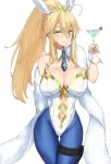  1girl ahoge akatsuki_ikki animal_ears artoria_pendragon_(all) artoria_pendragon_(swimsuit_ruler)_(fate) bangs bare_shoulders blonde_hair blue_legwear blue_neckwear blush braid breasts bunny_ears bunnysuit cleavage cocktail_glass cup detached_collar drinking_glass fate/grand_order fate_(series) feather_boa fishnet_pantyhose fishnets french_braid green_eyes hair_between_eyes highleg highleg_leotard holster large_breasts leotard long_hair looking_at_viewer navel navel_cutout necktie pantyhose ponytail sidelocks simple_background smile solo thigh_strap thighs tiara white_background white_leotard wrist_cuffs 