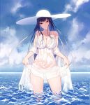  1girl absurdres ane_naru_mono bangs black_bikini_top black_hair blue_sky breasts chiyo_(ane_naru_mono) cleavage cloud collarbone deoxysilicic_acid dress dress_lift eyebrows_visible_through_hair hat highres lifted_by_self long_hair looking_at_viewer mole mole_under_eye navel outdoors purple_eyes see-through sky smile solo sun_hat wading wet wet_clothes wet_dress white_bikini_bottom 