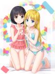  2girls absurdres ankle_wrap babydoll bangs bare_arms bare_legs bare_shoulders barefoot black_hair blonde_hair blue_eyes blue_panties blush bob_cut brown_eyes closed_mouth eyebrows_visible_through_hair frills heart heart_hands heart_hands_duo highres holding_hands kneeling light_smile lingerie long_hair looking_at_viewer multiple_girls navel open_mouth original panties short_hair side-tie_panties smile toes tucana underwear white_panties 