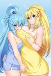  2girls absurdres alina_pegova aqua_(konosuba) aqua_hair blonde_hair blue_background blue_eyes blush braid breast_hold breasts cleavage darkness_(konosuba) eyebrows_visible_through_hair hair_bobbles hair_ornament hand_on_another&#039;s_hip hand_on_another&#039;s_thigh highres hug kono_subarashii_sekai_ni_shukufuku_wo! large_breasts long_hair looking_at_viewer medium_breasts multiple_girls naked_towel open_mouth parted_lips ponytail shiny shiny_skin simple_background teeth towel yuri 