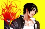  1boy bangs brown_eyes brown_hair fingerless_gloves fire gakuran gloves headband juu_satoshi kusanagi_kyou male_focus parted_bangs profile pyrokinesis school_uniform simple_background the_king_of_fighters upper_body yellow_background 