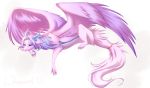  2019 4_toes blue_eyes claws digital_media_(artwork) dragon ear_piercing ear_ring feathered_dragon feathered_wings feathers female feral fur furred_dragon hair hi_res piercing pink_feathers pink_fur purple_hair simple_background solo toes white_background wings wrappedvi 