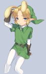  1boy animal_ears bangs blonde_hair blue_eyes blush_stickers brown_gloves bunny_ears commentary_request earrings eyebrows_visible_through_hair gloves green_headwear green_shirt grey_background jewelry link looking_at_viewer meimone pointy_ears shirt simple_background solo sweatdrop the_legend_of_zelda thighhighs white_legwear white_shirt 