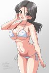  1girl artist_name bikini breasts cleavage commentary covered_nipples cowboy_shot dated eyebrows_visible_through_hair freckles girls_und_panzer gradient gradient_background grey_background grey_eyes grey_hair hair_tie hand_in_hair head_tilt large_breasts leaning_forward long_hair looking_at_viewer matsui_yasutsugu navel open_mouth piyotan ponytail side-tie_bikini signature skindentation smile solo standing swimsuit white_bikini 
