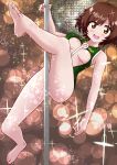  1girl akiyama_yukari bare_shoulders blush breasts brown_eyes brown_hair camouflage_print collarbone disco_ball feet girls_und_panzer highres kasegawa1919 leg_up looking_at_viewer medium_breasts open_mouth pole_dancing shiny shiny_hair short_hair simple_background slingshot_swimsuit smile solo sparkle_background swimsuit swimwear tongue underboob 