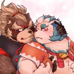  1:1 2019 agyou anthro asian_mythology belly blush brown_fur canid canine clothed clothing dhiascure duo east_asian_mythology foo_dog fur goemon_(tas) hug hugging_from_behind humanoid_hands japanese_mythology komainu male male/male mammal mythology overweight overweight_male raccoon_dog simple_background tanuki tokyo_afterschool_summoners video_games white_background yōkai 