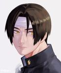  1boy black_hair brown_eyes brown_hair gakuran hachimaki headband highres juu_satoshi kusanagi_kyou looking_at_viewer looking_to_the_side male_focus parted_hair school_uniform solo the_king_of_fighters yellow_eyes 