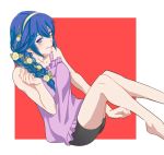  1girl blue_eyes blue_hair blush braid camisole fire_emblem fire_emblem_awakening flower frilled_shirt_collar frills hair_flower hair_ornament juu_satoshi legs long_hair lucina_(fire_emblem) side_braid smile solo tiara 