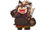 2019 anthro belly blush bottomwear brown_fur canid canine clothing cute_fangs fur goemon_(tas) humanoid_hands male mammal one_eye_closed overweight overweight_male raccoon_dog shirt shorts simple_background solo tanuki tokyo_afterschool_summoners topwear video_games white_background wink yukikazefactory 