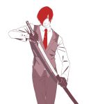  1boy flat_color gloves hair_over_one_eye juu_satoshi katana male_focus necktie red_eyes red_hair sheath solo sword the_king_of_fighters tie_clip unsheathing vest waistcoat weapon yagami_iori 