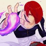  1boy belt choker eyelashes fire hair_over_one_eye juu_satoshi looking_at_viewer male_focus outstretched_hand purple_fire red_eyes red_hair solo the_king_of_fighters yagami_iori 