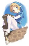  1boy alternate_costume ass bangs belt blonde_hair blue_eyes blue_headwear blue_shirt boots brown_belt brown_footwear brown_gloves cloud commentary_request fingerless_gloves full_body gloves highres link looking_at_viewer meimone pantyhose shirt shoes_removed sitting solo the_legend_of_zelda white_legwear 
