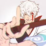 1boy blood blood_on_face blurry bokken depth_of_field fighting_stance gintama grin hadanugi_dousa juu_satoshi male_focus outstretched_hand popped_collar sakata_gintoki smile solo spiked_hair sword weapon white_hair wooden_sword 