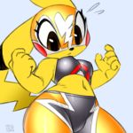  1:1 2019 5_fingers black_nose blue_background breasts brown_eyes clothed clothing cosplay_pikachu_(costume) costume dipstick_ears female fingers humanoid_hands looking_at_breasts multicolored_ears nintendo nipple_outline pikachu pikachu_libre pok&eacute;mon pok&eacute;mon_(species) short_stack simple_background thick_thighs video_games wide_hips xylas yellow_body 