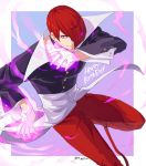  1boy choker collared_shirt fire hair_over_one_eye happy_birthday jacket juu_satoshi looking_at_viewer male_focus purple_fire red_eyes red_hair shirt solo the_king_of_fighters unbuttoned_sleeves wing_collar yagami_iori 