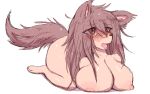  2019 anthro big_breasts blush bodily_fluids breasts brown_eyes brown_fur brown_hair canid canine canis digital_media_(artwork) domestic_dog drooling female fur hair mammal napdust nipples saliva solo tongue 