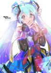  1girl 2018 arms_at_sides artist_name bare_shoulders blue_eyes blue_hair blurry blurry_foreground blush bokeh chris4708 colorful commentary_request depth_of_field detached_sleeves dress eyebrows_visible_through_hair fingernails fingers_to_mouth fingers_together hair_between_eyes happy hatsune_miku highres light_particles long_hair looking_away magical_mirai_(vocaloid) multicolored multicolored_clothes multicolored_dress pink_ribbon ribbon simple_background sleeveless sleeveless_dress smile solo standing star starry_background translation_request twintails upper_body very_long_hair vocaloid white_background 