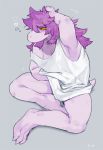  anthro barefoot bebebebebe black_eyes bottomless clothed clothing deltarune female freckles full-length_portrait grey_background hair half-closed_eyes messy_hair off_shoulder portrait purple_hair raised_arm reptile scalie sharp_teeth shirt signature simple_background sitting solo susie_(deltarune) teeth tired topwear video_games white_clothing white_shirt white_topwear yellow_sclera 