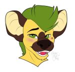  2019 anthro beauty_mark blush chips_in_a_bag food fruit fur green_eyes green_hair hair hyaenid looking_at_viewer male mammal mohawk_(hairstyle) plant portrait simple_background smile solo solo_focus spotted_hyena tongue uwubanana white_background yellow_fur 