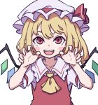  1girl absurdres ascot blonde_hair bow commentary crystal fangs flandre_scarlet frilled_shirt_collar frilled_sleeves frills hat hat_ribbon highres kame_(kamepan44231) medium_hair mob_cap one_side_up puffy_short_sleeves puffy_sleeves red_bow red_eyes red_ribbon red_vest ribbon shirt short_sleeves simple_background solo touhou vest white_background white_shirt wings yellow_ascot yellow_neckwear 