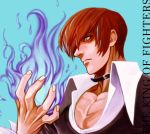  1boy blue_background choker fire hair_over_one_eye juu_satoshi male_focus purple_fire red_eyes red_hair simple_background solo the_king_of_fighters yagami_iori 