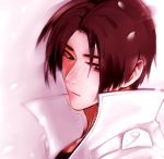 1boy brown_eyes brown_hair eyelashes face juu_satoshi kusanagi_kyou looking_down male_focus parted_hair petals popped_collar portrait solo the_king_of_fighters zipper 