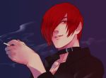  1boy choker cigarette eyeshadow hair_over_one_eye holding holding_cigarette juu_satoshi looking_at_viewer looking_down makeup male_focus red_eyes red_eyeshadow red_hair smirk solo the_king_of_fighters yagami_iori 