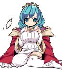  1girl awakening_(sennen_sensou_aigis) blue_eyes blue_hair boots cape detached_sleeves feathers hand_on_own_chest liana_(sennen_sensou_aigis) looking_at_viewer nemui_(nemui) sennen_sensou_aigis simple_background sitting smile solo thigh_boots thighhighs tiara wariza white_background 