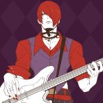  1boy argyle argyle_background choker earrings electric_guitar flat_color guitar hair_over_one_eye instrument jewelry juu_satoshi male_focus music nail_polish playing_instrument red_eyes red_hair ring solo the_king_of_fighters vest waistcoat yagami_iori 