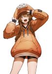  1girl backpack bag black_gloves black_legwear blush brown_hair buckle fingerless_gloves flasso gloves guilty_gear hair_between_eyes hat highres hood hoodie lower_teeth may_(guilty_gear) open_mouth orange_eyes orange_headwear orange_hoodie simple_background skull sleeves_past_wrists smile solo standing upper_teeth white_background 