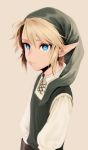 1boy beige_background blonde_hair blue_eyes commentary_request green_headwear green_shirt hair_between_eyes hat jewelry link looking_at_viewer meimone pointy_ears shirt simple_background solo the_legend_of_zelda upper_body white_shirt 