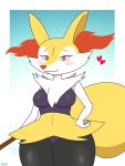  &lt;3 2019 anthro big_ears big_tail braixen breasts canid canine clothed clothing eyebrows eyelashes female fur half-closed_eyes hand_on_thigh hi_res hoodie_stalker inner_ear_fluff looking_at_viewer mammal multicolored_fur nintendo pok&eacute;mon pok&eacute;mon_(species) red_eyes simple_background smile solo sportswear standing stick thick_thighs video_games wide_hips yellow_fur 