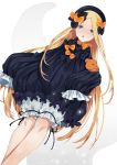  1girl :o abigail_williams_(fate/grand_order) bangs black_bow black_dress black_headwear blonde_hair bloomers blue_eyes bow bug butterfly commentary_request dress dutch_angle fate/grand_order fate_(series) forehead hair_bow hat highres insect karen_ngao long_hair long_sleeves object_hug orange_bow parted_bangs parted_lips polka_dot polka_dot_bow simple_background sleeves_past_fingers sleeves_past_wrists solo stuffed_animal stuffed_toy teddy_bear tentacles underwear very_long_hair white_background white_bloomers 