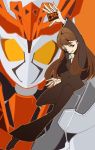  1girl arm_up black_suit body_armor brown_hair eyelashes formal kamen_rider kamen_rider_01_(series) kamen_rider_valkyrie long_hair looking_at_viewer orange_background pant_suit progrise_key simple_background suit yaiba_yua 