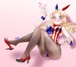  1girl absurdres american_flag american_flag_print animal_ears artist_name ass black_legwear blonde_hair blue_eyes blush bow bowtie breasts bunny_ears bunny_girl bunnysuit cleavage dated didagger eyebrows_visible_through_hair fake_animal_ears flag_print girls_und_panzer heart heart-shaped_pupils high_heels highres kay_(girls_und_panzer) large_breasts leotard long_hair pantyhose pink_background red_footwear red_neckwear shiny shiny_hair simple_background smile solo symbol-shaped_pupils tongue tongue_out 