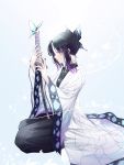  1girl absurdres animal_print bangs black_hair black_pants blue_background bug butterfly butterfly_hair_ornament butterfly_print coat full_body gradient_hair hair_ornament haori highres hongsung0819 insect japanese_clothes katana kimetsu_no_yaiba kochou_shinobu lips looking_at_viewer multicolored_hair pants parted_bangs profile purple_eyes purple_hair short_hair sitting solo sword two-tone_hair uniform weapon wide_sleeves 