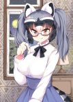  1girl alternate_costume alternate_hairstyle animal_ear_fluff animal_ears bangs bespectacled black_hair blush brown_eyes closed_mouth collared_shirt commentary_request common_raccoon_(kemono_friends) eyebrows_visible_through_hair frilled_shirt_collar frills furrowed_eyebrows glasses grey_hair hair_between_eyes hair_tousle hand_up highres indoors kemono_friends long_hair long_sleeves looking_at_viewer moon multicolored_hair night night_sky raccoon_ears raccoon_tail semi-rimless_eyewear shima_noji_(dash_plus) shirt skirt sky smile solo star_(sky) starry_sky striped_tail tail tareme twintails under-rim_eyewear upper_body white_hair window 