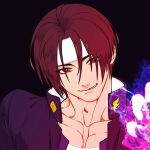  1boy bangs black_hair brown_hair clenched_hand dark_persona fingerless_gloves fire gakuran gloves grin headband juu_satoshi kusanagi_kyou male_focus parted_bangs purple_fire pyrokinesis red_eyes school_uniform smile solo the_king_of_fighters 