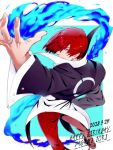  1boy blue_fire character_name choker crescent_print dated evil_grin evil_smile fire from_behind grin hair_over_one_eye happy_birthday jewelry juu_satoshi male_focus pyrokinesis red_eyes red_hair ring smile solo the_king_of_fighters unbuttoned_sleeves wing_collar yagami_iori 