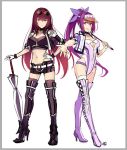  2girls alternate_costume belt boots breasts checkered_pattern cleavage closed_mouth closed_umbrella eyewear_on_head fate/grand_order fate_(series) gloves hand_on_hip high_heel_boots high_heels long_hair midriff multiple_girls okitakung open_mouth outstretched_arm ponytail purple_hair race_queen red_eyes scathach_(fate)_(all) scathach_(fate/grand_order) scathach_skadi_(fate/grand_order) see-through short_shorts short_sleeves shorts shrug_(clothing) simple_background smile sunglasses thigh_boots thighhighs umbrella underboob_cutout visor white_background 