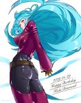  1girl ass belt big_hair blue_hair chaps character_name from_behind gloves happy_birthday hime_cut juu_satoshi kula_diamond long_hair looking_back red_eyes solo the_king_of_fighters 