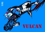  1boy attacking_viewer blue_background body_armor character_name jumping kamen_rider kamen_rider_01_(series) kamen_rider_vulcan male_focus pointing_weapon simple_background 