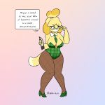  1:1 2018 animal_crossing anthro big_breasts breasts canid canine canis clothing dialogue domestic_dog eyewear female fishnet fishnet_legwear footwear glasses green_eyes hi_res high_heels isabelle_(animal_crossing) legwear leotard mammal necktie nintendo pigeon_toed shih_tzu shoes simple_background solo thick_thighs toy_dog video_games wide_hips zedrin 