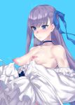  1girl bangs bare_shoulders blue_background blue_eyes blue_ribbon blush breasts breasts_outside choker eyebrows_visible_through_hair fate/grand_order fate_(series) frills hair_ribbon highres long_hair meltryllis meltryllis_(swimsuit_lancer)_(fate) mizuumi_(bb) nipples puffy_nipples purple_hair ribbon simple_background sleeves_past_wrists small_breasts solo 