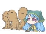  1girl :&lt; blue_hair chibi empty_eyes eyebrows_visible_through_hair frills gaijin_4koma haniwa_(statue) haniyasushin_keiki head_scarf jitome kureha_mitsushige long_hair navel parody pocket puffy_sleeves purple_eyes ribbon sculpture simple_background solid_oval_eyes strap touhou upper_body white_background wide_sleeves 